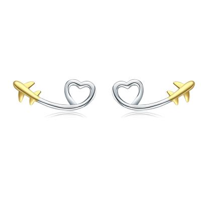 China Women Stud Earrings Personality Airplane Love Heart Solid 14k Gold Plated 925 Sterling Silver Stud Earrings Jewelry Gift for sale