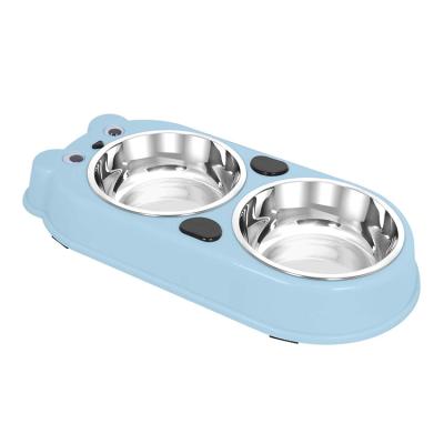 China Viable Double Dog Cat Bowls Double Premium Stainless Steel Pet Bowls With Cute Modeling Pet Food Water Feeder for sale