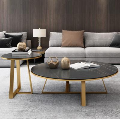 China Replace Modern Sofa Heavy Marble Stone Ceramic Side Stone Clumping Coffee Tables 2 Pieces With Gold Legs Set Console Tables for sale