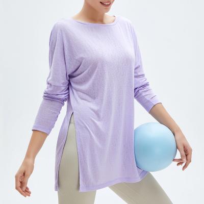 China New Sports Women's Breathable Loose Fitness Tops Blouse Quick Dry Bilateral Slit Loose Fit Long Sleeve T-Shirt for sale