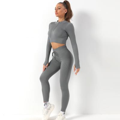 China Breathable Female Zipper Drawstring Long Sleeve Tight Hip Seamless Fitness Pants Yoga Lifting Suit for sale