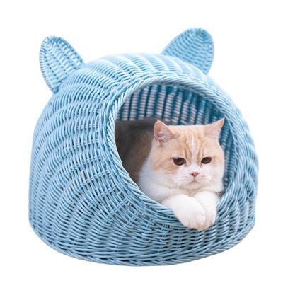 China Cane Woven Cat Dog Nest Thickened Washable Closed Rattan Cat House For Summer for sale