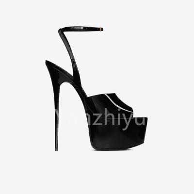 China Stunning Fashion Trend Summer High Heels Sandals Women Platform Pumps Shape Open Toe Buckle Strap Ladies Party Shoes Black Thin Heel for sale