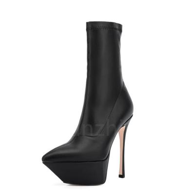 China LEAVES 15.5cm High Heels Pumps Designer Short Black Leather Booties Luxury Shoe PU Ankle Boots Fashion Led Toe Stiletto Party Boots for sale