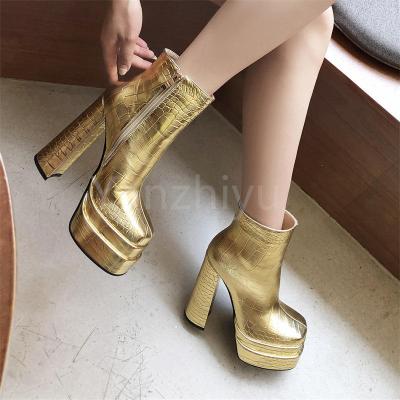 China Women gold silver round ankle boots double platform print block print high heel booties winter ladies luxury designer botas de mujer for sale