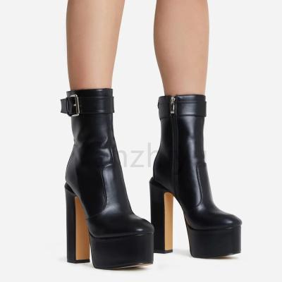 China Round Black Shorts Reject Chunky Heel Platform Ankle Strap Buckle Zipper Around Toe Boots Ladies Designer Shoes Women Booties New Fashion for sale