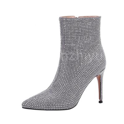 China Fashion EVERGREEN Crystal Bling Rhinestones Luxury Ankle Boots For Women Pointed Toe Thin High Heels Shoes Woman Zapatos De Mujer for sale