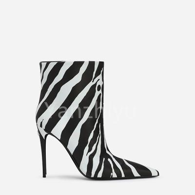 China Black and White LEAVES UP Stiletto Heels Ankle Boots Slip On Short Boots New Fashion Women Zebra Print Pumps Shoes Booties Supplier Vedor for sale