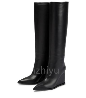 China Women EVERGREEN Knee High Boots Slip On Wedges High Heels Black Leather Tall Boots Pointed Ladies Shoes Feminine Handmade Woman Plus Size 46 for sale