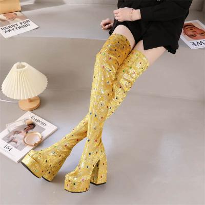 China Waterproof Over The Knee Boots Shoes Women High Heels Stretch Boots Flower Glitter Gold Platform Slip On Cool Sexy Fashion for sale