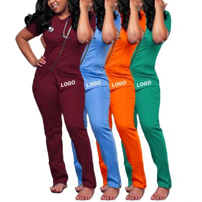 China Custom Hospital Stretch Spandex Stacked Pants Nurses Hospital Uniforms Nursing Scrub Suit Uniforms Tracker Women Scrub Sets Uniform for sale