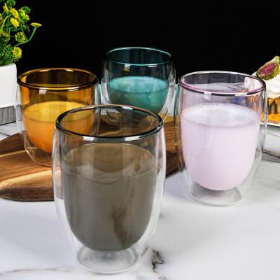 China Modern Household Coffee Mug Wall Glass Tea Cup Transparent Heat Resistant Colorful Coffee Mug Double for sale