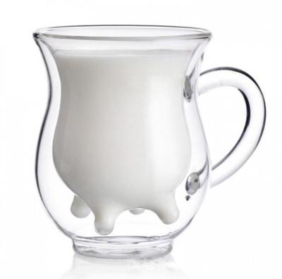 China Sustainable Wholesale Transparent Double Wall 250ml Cow Shape Glass Milk Cup With Handle for sale