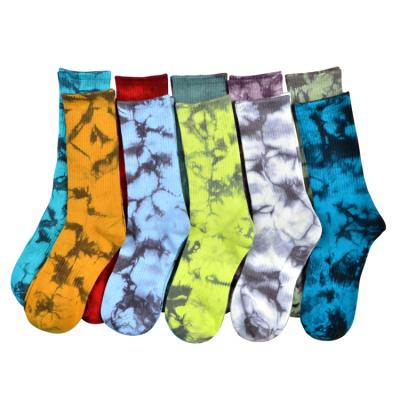 China Custom Sporty With Logo Tie Dye Crew Socks Unisex Fashion Happy Bangs High Quality Cotton Women And Men Long Socks for sale