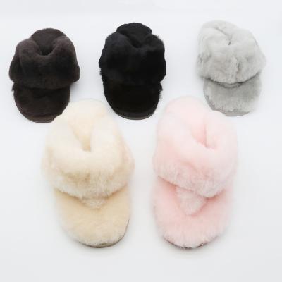 China Cushioning Warmlab Winter Comfortable Open Toe Furry Sheepskin Soft Slipper Flip Flops For Women for sale