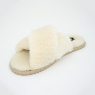 China Cushioning Warmlab Cross Band Soft Plush Fur Open Toe House Uggh Slides For Women for sale