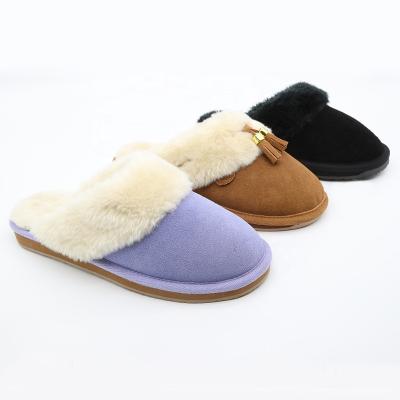 China Wholesale Light Gift Warmlab Fashion Fringed Cow Suede Fur Bedroom Upper Fluffy Winter Slippers for sale