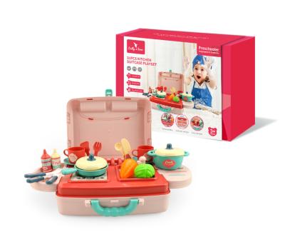 China Preschool Kids Play Kitchen Set Kidewan 2in1 Travel Suitcase Toys Educational Play Food Kitchen Set for Kids with 31pcs Accessories for sale