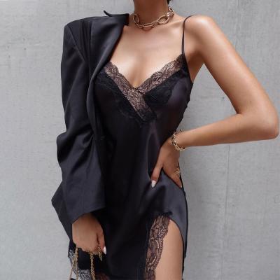 China New Anti-static Nightgown Black Inside Split Strap Mini Summer Ladies Fork Lace 2021 Robe Women Dresses for sale