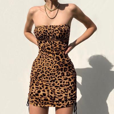 China Anti-Static Hot Selling Bodycon Dress Chain Tube Halter Drawstring Backless Leopard Dress Set for sale