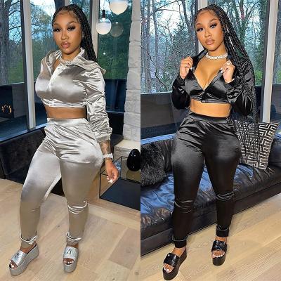 China PU Breathable Solid Long Sleeve Shiny Pants Tops Crop Zipper Drop Two Piece Set Tracksuits For Women for sale