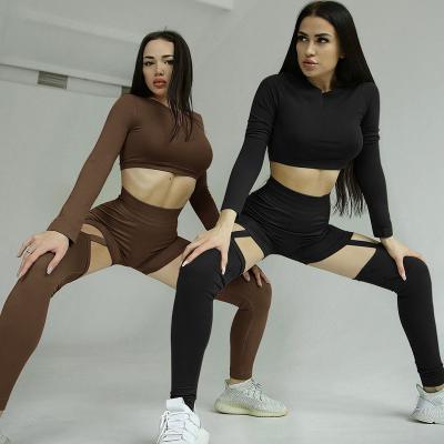 China Wholesale Fitness Clothing Anti-pilling Long Sleeve Cropped Shorts Suit Cut Out Sweat Suit Tracksuit for sale