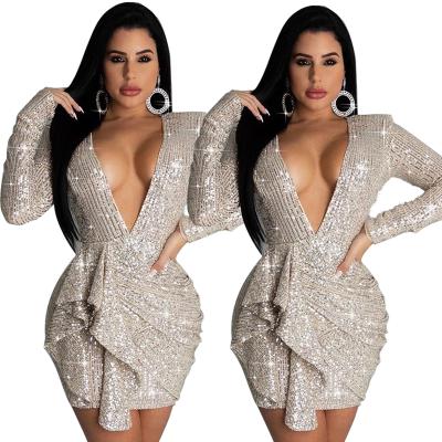 China 2021 viable plus size sequin dress club sequin dress silver v neck deep ladies dress plus size for sale