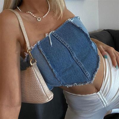 China Breathable Summer Color Block Denim Wrap Womens Denim Tops Amazon Crop Top Amazon Crop Tops for sale