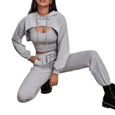 China Anti-pilling wholesale price custom design OEM 100% cotton women 3 pieces crop top hoodie vest and pant set for sale