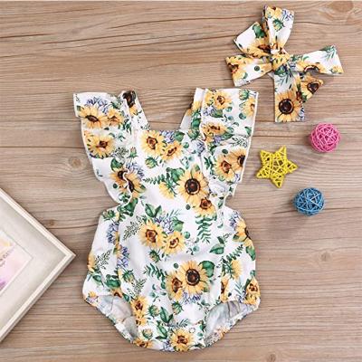 China Hot Selling 100% Polyester Amazon Summer Sunflower Print New Girls Launch Romper Baby Clothes With Hair Band for sale