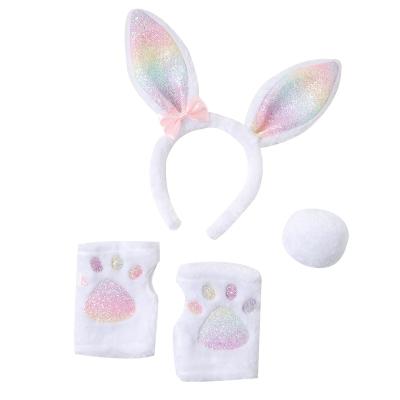 China Lovely new hot plush glitter cosplay set glove and tail cute rainbow headband hares set for girls props for sale