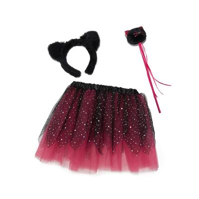 China Sweet/Lovely Hair Band Netting Mix Over TUTU Skirt Set Baby Silver Dotted Skirt (Red Cat Headband & Wand) for sale