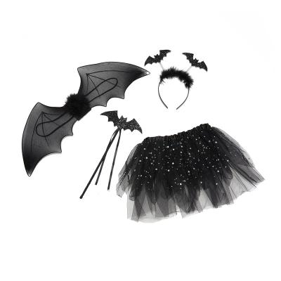 China Fashion Breathable Halloween Bat Tutu Skirt Three Piece Skirt Set with Bat Wings and Bat Headband Black Magic Wand for sale