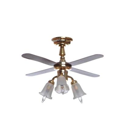 China Miniature 3 Tulip Drop Lighting Fixture, Ceiling Fan Europe 1:12 Scale Dollhouse Lamp with 4 Blades QW23016 for sale