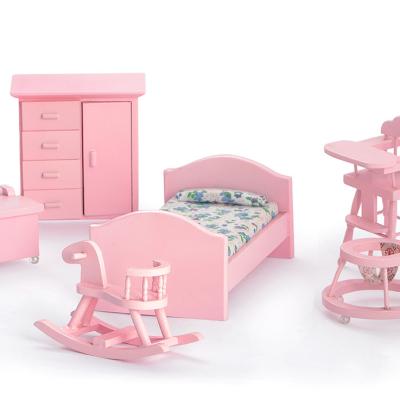 China Modern Pink Nursery Room Set Wooden Miniature 1/12 Scale Baby Furniture Toys For Dollhouse QW80004 for sale