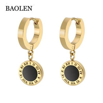 China Hot Selling Stainless Steel Roman Numerals Earring Plain Gold Dangle Round Circle Earrings for sale