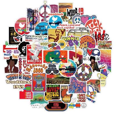 China Fashionable Sticker 50Pcs Woodstock Music Festival Rock Art Sticker For Girl Boy Guitar Piano Skateboard Laptop Luggage Decorative for sale