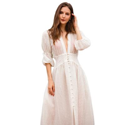 China New Style Anti-Wrinkle Women Casual Button Front Placket With Self Fabric Long Sleeves Dress Lady Elegant for sale