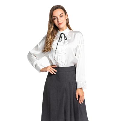 China 2021 New Style Anti-Wrinkle Shirt-Neck Solid Woven Fabric Ruffles White Designer Blouse Long Sleeve Bow Ribbon Chiffon Shirt 2021 New Designs for sale