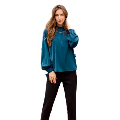 China Fashion High Quality Solid Woven Satin Women's Long Sleeve Neck Anti-Wrinkle Support Blouses Tops Shirt Lady for sale