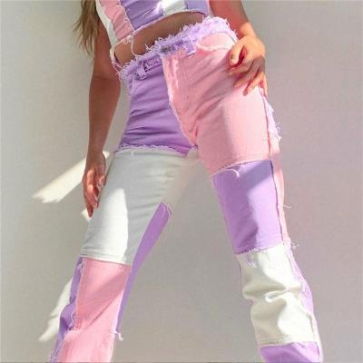 China Ins Fashion Jeans Woman Breathable Patchwork Mix Colors High Waist Denim Pants Jeans Women for sale