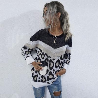 China Anti-wrinkle Women Sweater Leopard Ladies Patchwork Long Sleeve Crop Mid Length Pull Over Sweater Branded Pattern For Women for sale