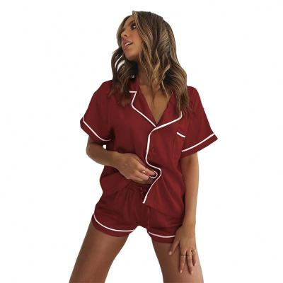 China Hot Sale Women Pajamas Solid Color QUICK DRY Custom Logo 2 Pieces Short Sets And 5 Colors High Quality Silk Sleepwear For Elegant Lady for sale