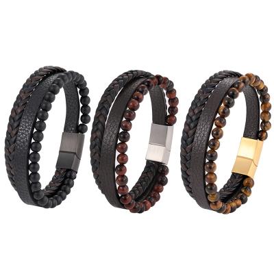 China Multilayer Magnetic Natural Stone Stainless Steel Rope Charm Bracelet Leather Men's Bracelet Buckle Leather Beaded Volcanic Stone Bracelets Gift for sale