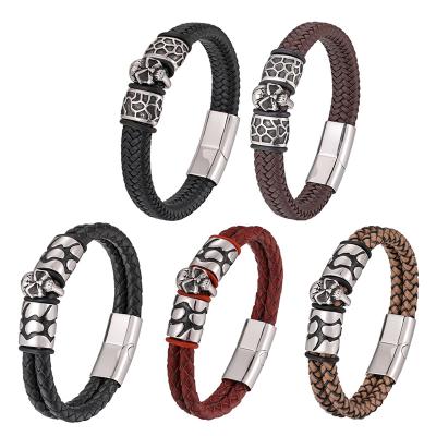 China Te Hao Bohemian Charm Men's Jewelry 316L Stainless Steel Ghost Head Bangle Leather Magnetic Bracelet ButtonBracelet Leather Bangle for sale