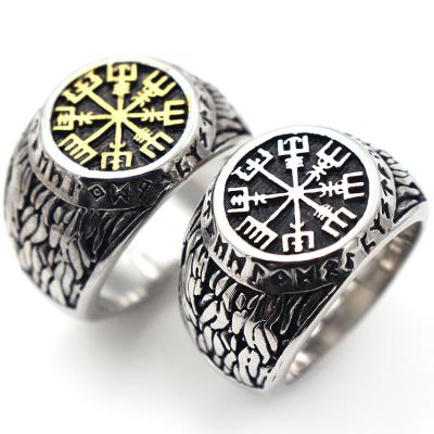 China 316L Stainless Steel Mens Punk Jewelry Viking Ring Custom Rune Beads Signet Wolf Scandinavian Odin Symbol Fashion for sale