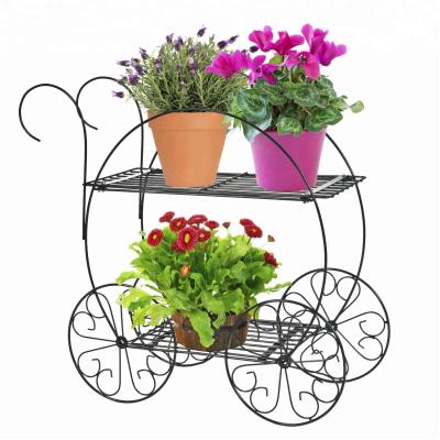 China Europe Amazon Amazon Hot Sale 2 Tier Trolley Metal Garden Plant Stand Outdoor Flower Pot Shelf for sale