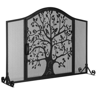 China Exclusive Black Metal Trim Spark Free Screen Firewood Storage Firewood Storage Design with Cut Tree and Latch Doors for sale