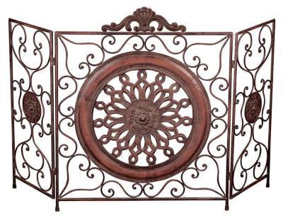 China Firewood storage metal fireplace screen decoration classic style 79 iron roller three panel fireplace screen noble and elegant for sale