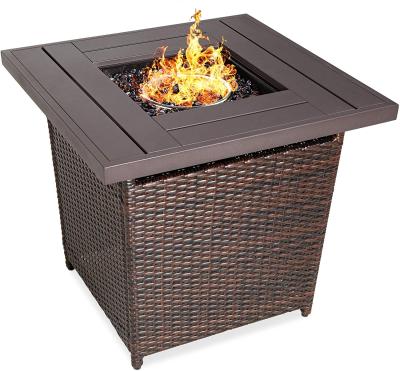 China Firepit Propane Patio Wicker Customization Outdoor Heater Outdoor Gas Fire W/ Faux Wooden Shelter Stand Wholesale Tank Pit Table for sale